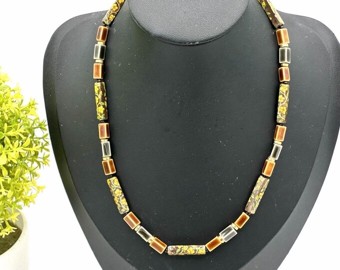 Vintage Floral Tensha Style Bead Necklace Brown Caramel Black 15” Japan Style