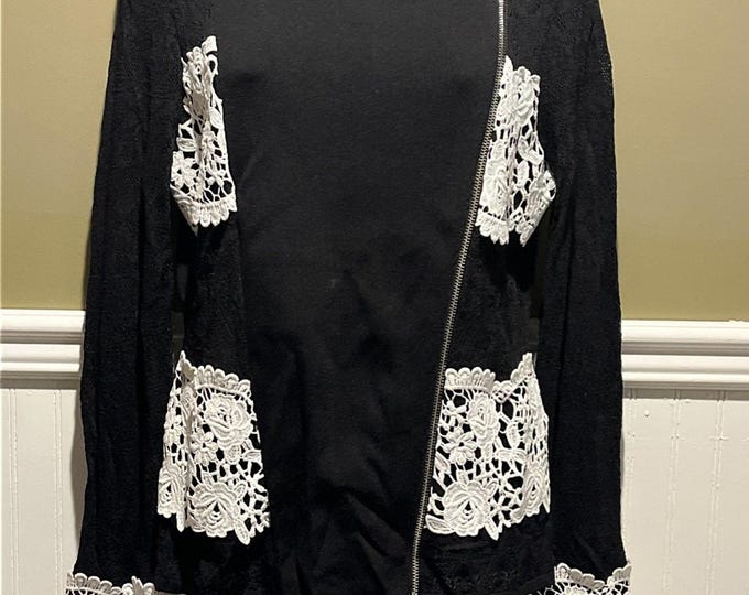 INC Black Ribbed Crochet Lace Sweater – Zip Front Women’s Medium NWT