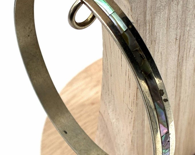Vintage Mexico Abalone Inlay Bangle Bracelet Silver Tone Alpaca Iridescent
