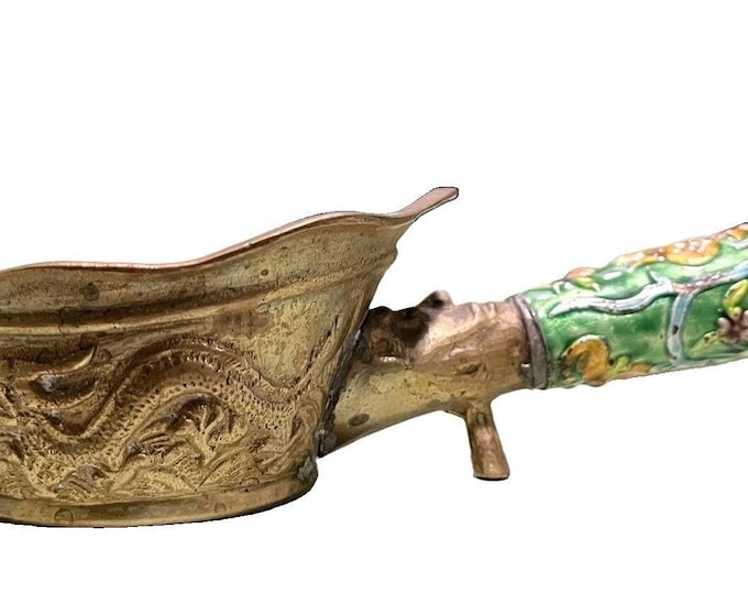 Vintage Chinese Brass Coal Pan Enamel Dragon Handle Cloisonne Style