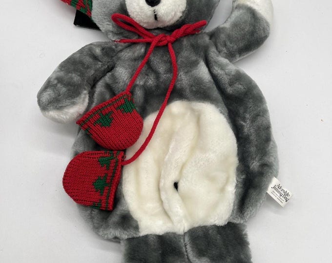 Vintage North Pole Wellington Christmas Bear Plush Stocking Pajama Bag 17" Gray