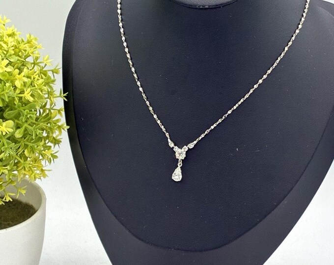 Avon Silver Tone Rhinestone Pear Drop Pendant Necklace 17 Inch