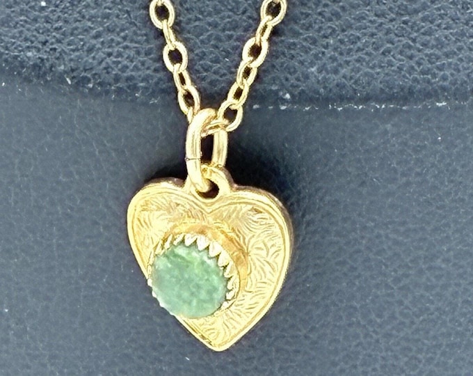 Antique 12K Gold Filled Heart Pendant Necklace Green Jade Cabochon 16 inch