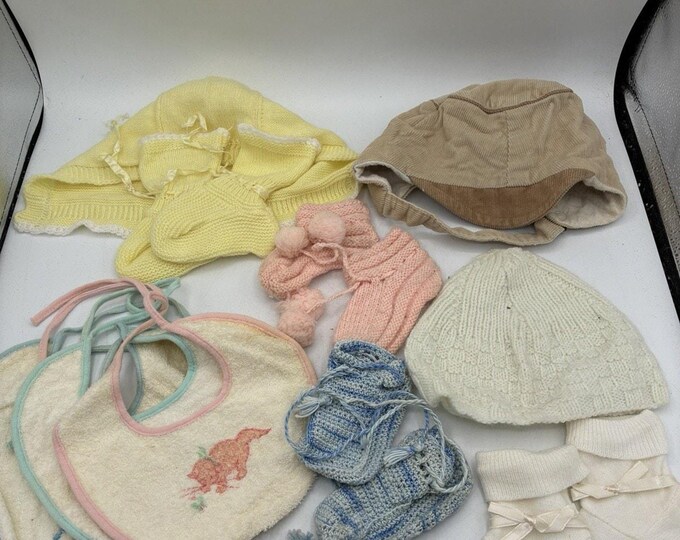 Vintage Baby Lot 10pc Carter’s Bibs Knit Booties Bonnets Corduroy Hat Beanie