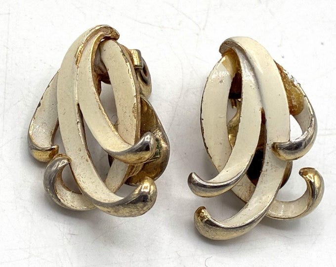Monet Vintage Cream Enamel Swirl Clip Earrings As Is Sticky Residue
