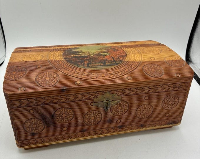 Vintage 1970s Wood Jewelry Trinket Box Autumn Landscape 10” Retro Decor