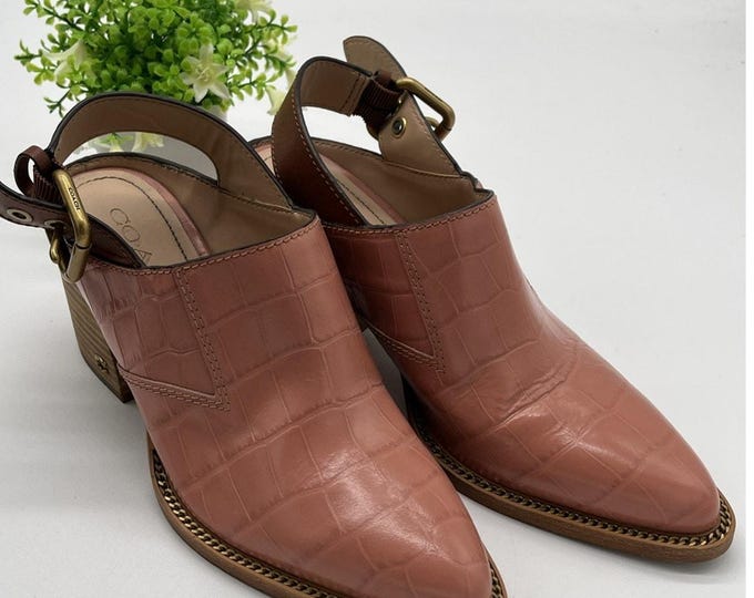 Coach Payson Croc Embossed Block Heel Bootie Coral Saddle Size 6