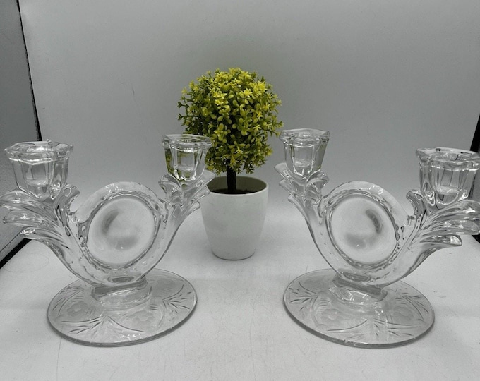 Vintage Paden City Etched Grape Glass Candelabra Pair Double Arm 1940s