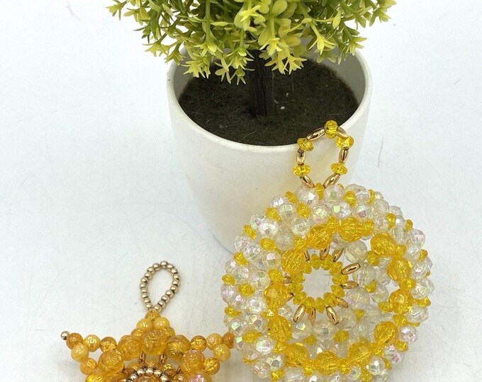 Vintage Beaded Christmas Ornament Set Star Wreath Gold AB Crystal 2 Piece