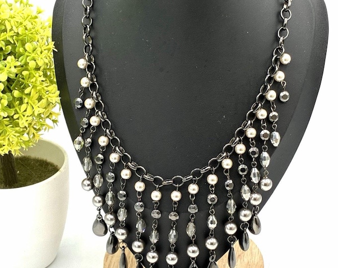 Apt 9 Statement Bib Necklace Black Silver Pearl Bead Fringe 18” Chunky