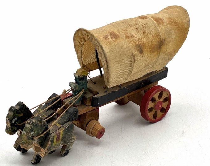 Vintage Wooden Covered Wagon Pull Toy Japan Oxen Driver As Is Parts Repair