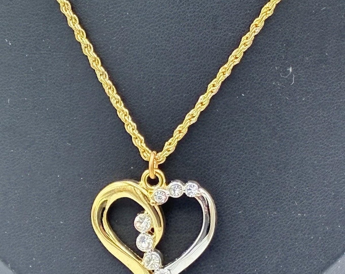 Necklace Two Tone Silver Gold Rhinestones Clear Heart Pendant