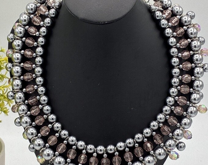 Mixit Statement Necklace NWT Gray Faux Pearl Pink Beaded Bib Necklace