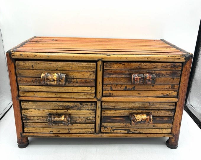 Vintage Bamboo 4 Drawer Tabletop Chest Jewelry Storage Boho Asian Decor