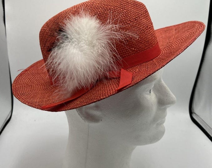 Vintage Jane Morgan Exclusive Red Straw Sun Hat with White Black Feather Accent