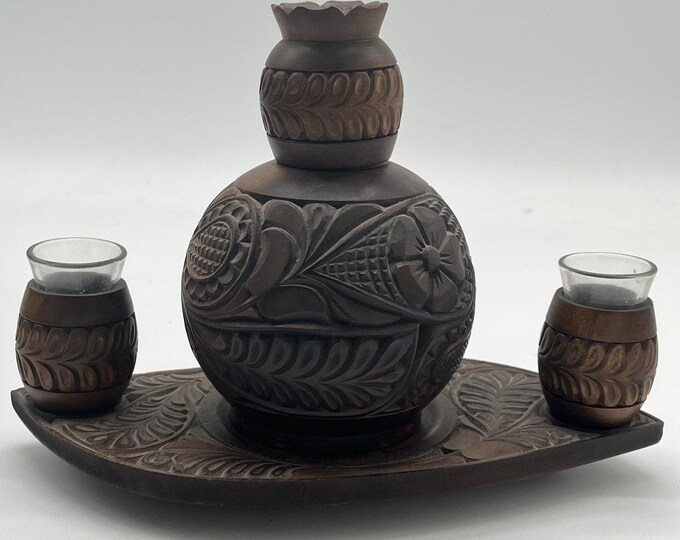 Vintage Hand‑Carved Hungarian Wood Decanter Set – Floral Tray & Shot Glass Holders