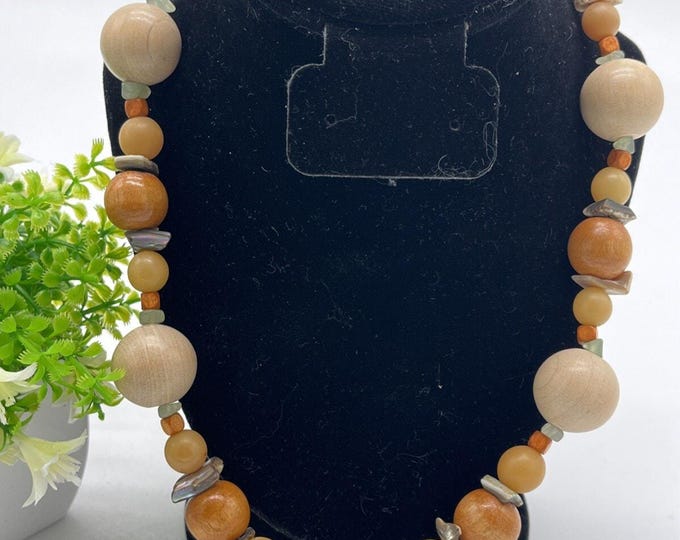 Vintage Chunky Wood Bead Necklace Natural Stone Accents Boho Artisan 21”