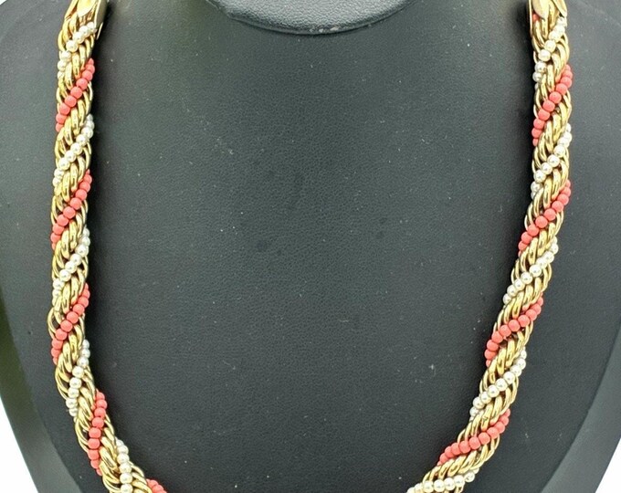 14” Gold Tone Braided Chain Necklace Coral Pink Faux Pearl Beads Shell Charm