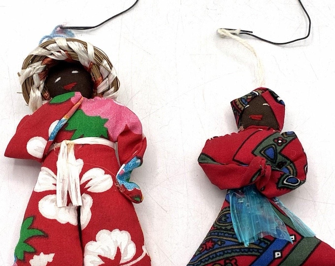 Vintage Bahamas Cloth Doll Ornaments Lot 2 Signed 1996 1997 Handmade Folk Art