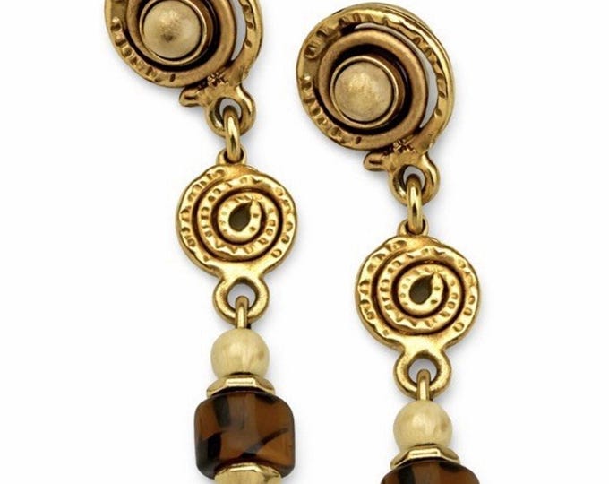 Vintage Tiger Eye Stone Dangle Earrings Gold Tone Spiral Charm Boho 2 Inch Drop