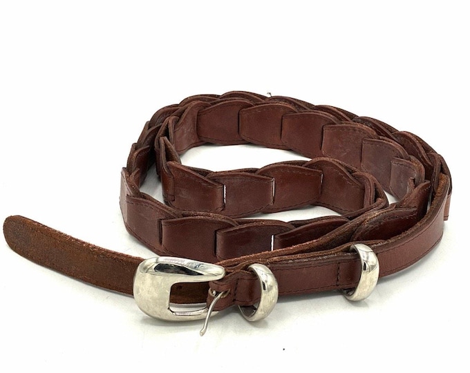 Brown Leather Link Belt Woven Interlocking Silver Buckle Size 42 Vintage Style