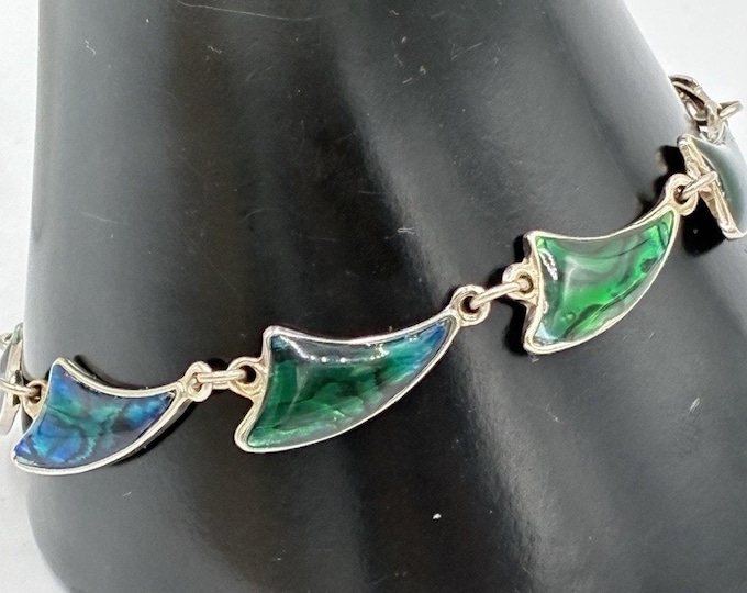 Vintage Iridescent Green Blue Enamel Wave Link Bracelet Silver Tone 7 Inch
