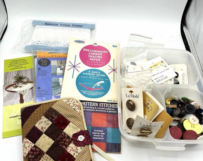 Vintage Sewing Notions Lot Buttons La Mode Trims Fabric Swatch Book Patterns