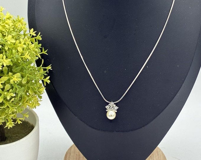 Avon Nina Ricci Silver Tone Pearl Rhinestone X Pendant Snake Chain 18"