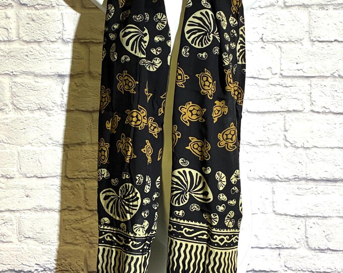 Chico’s Scarf Black Sea Turtle Seashell Print Rayon Fringe Handmade Indonesia