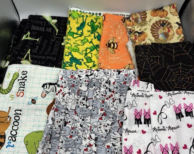 Novelty Print Fabric Lot Kids Animals Frogs Halloween Thanksgiving Prints