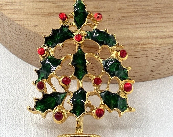 Christmas Tree Brooch Holly Leaves Green Enamel Red Rhinestones Gold Tone