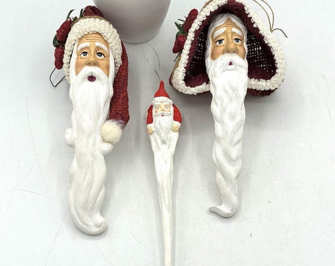 Vintage Long Beard Santa Christmas Ornaments Lot 3 Mixed Materials Folk Art
