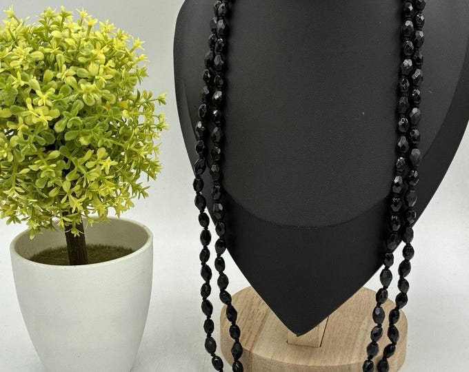 Vintage Austria Black Faceted Glass Bead Single Strand Necklace 54" Knotted