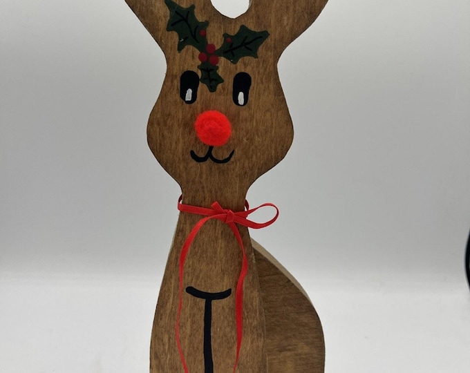 Vtg Rudolph Reindeer 11” Shelf Sitter Christmas Decoration Painted Wood Rustic