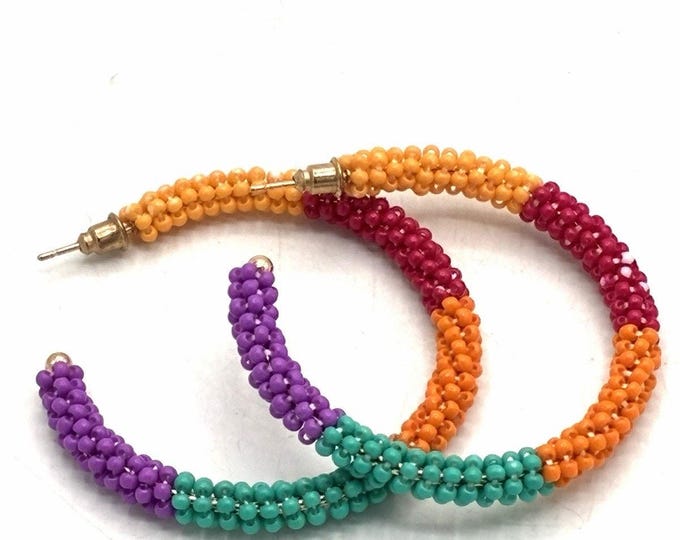 Beaded Rope Hoop Earrings Colorblock Multicolor Seed Beads