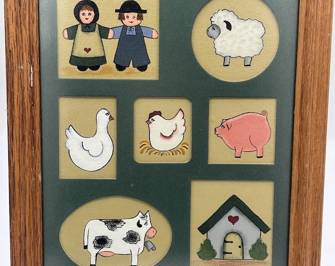 Vintage 8x10 Framed Farm Cartoon Art Country Amish Farmhouse Decor Painted Folk