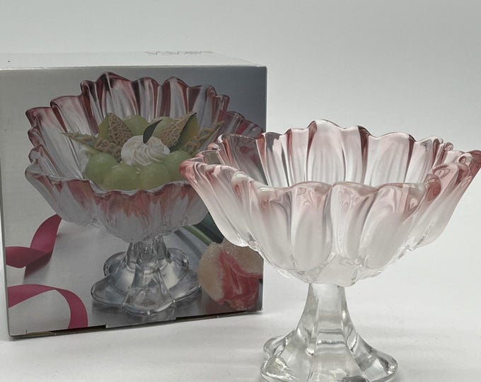 Mikasa Tulips Pink Frosted Crystal Footed Compote Bowl – 7” – Vintage Centerpiece with Box