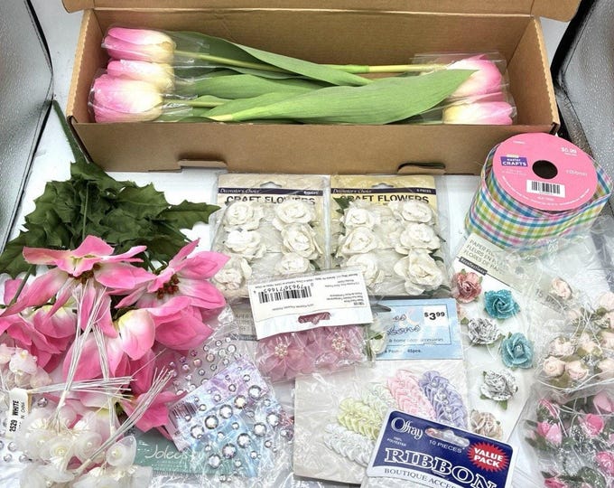 Spring Floral Craft Supply Lot Pink Tulips Roses Ribbon Flowers Wedding DIY