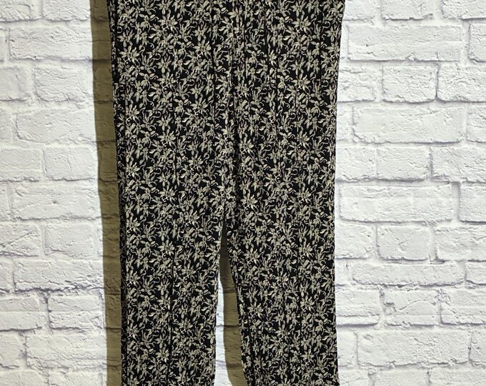 Monterey Bay Clothing Co Womens M Rayon Flare Pants Black Cream Floral Boho 90s