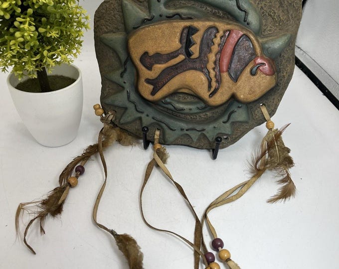 Bison Sun 3D Southwest Petroglyph Clay Art Wall Hanging Rustic Tribal Decor
