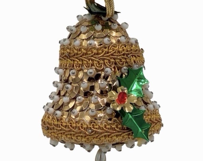 Vintage Sequin Pearl Pin Christmas Bell Ornament Gold Holly Handmade 1960s 70s