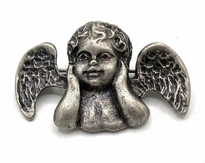 Vintage Cherub Angel Brooch 1.5” Silver Tone Winged Putti Figural Pin