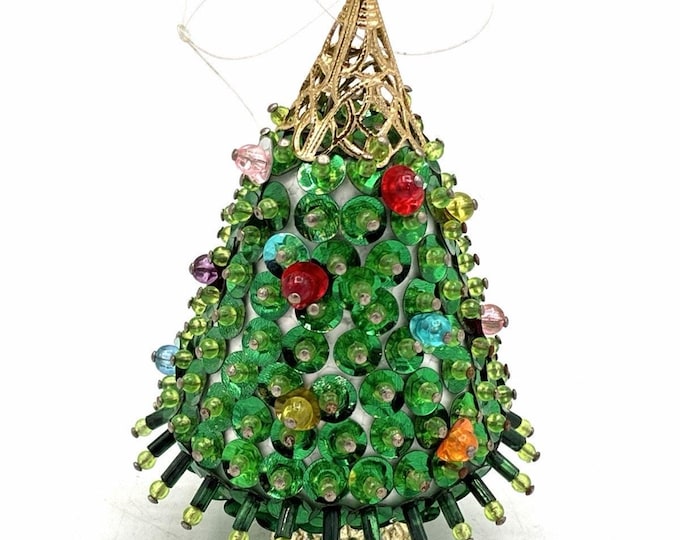 Vintage Handmade Beaded Christmas Tree Ornament Candle Clip Sequin 3.5” Decor
