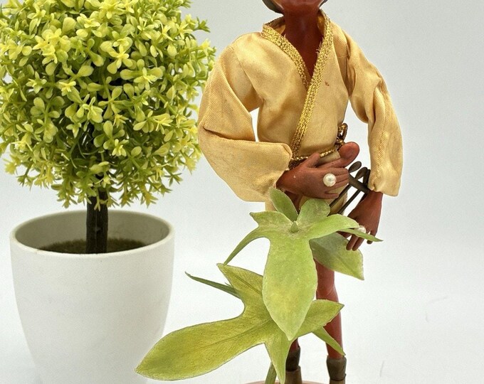 Vintage Plastic Figurine Boy Elf in Satin Robe Holding Harp, Made in Hong Kong