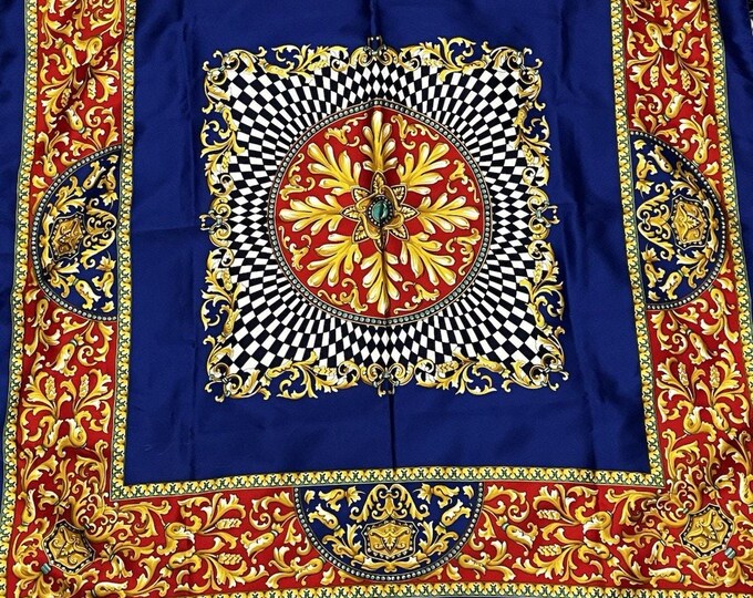 Vintage Baroque Scarf – Gold Scrollwork, Red & Blue Ornate Pattern