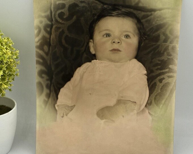 Vintage Hand Tinted Photo Baby Portrait Antique Studio Print 8x10