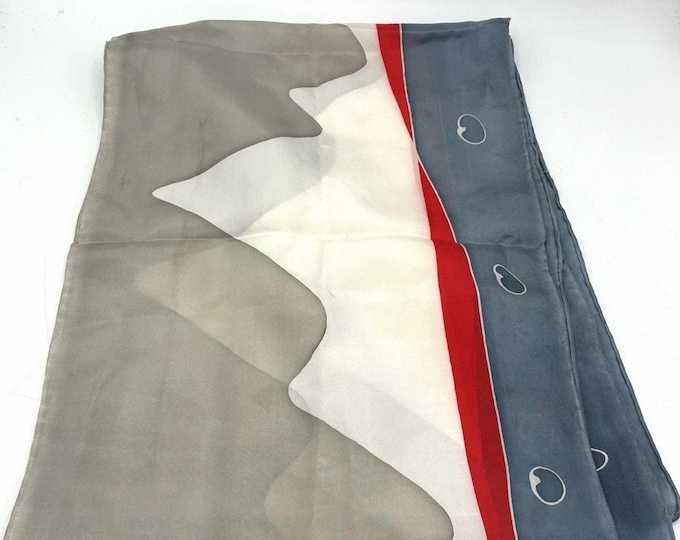Vintage Silk Scarf Long Rectangular Gray Cream Red Blue Abstract 56x10