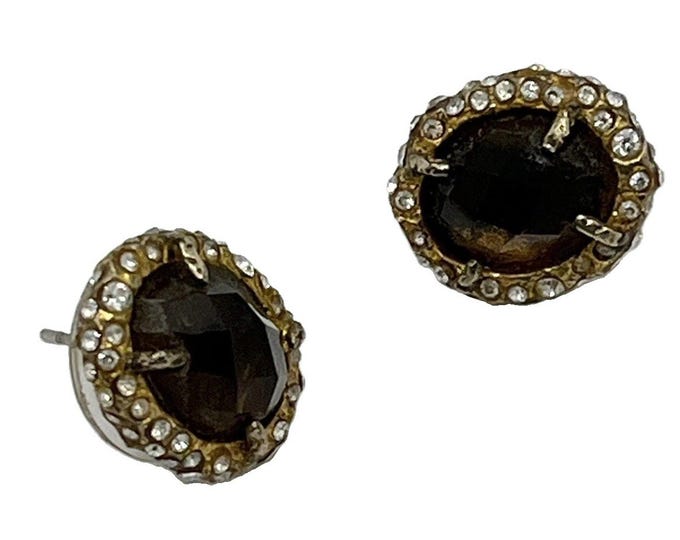 Vintage Dark Brown Faceted Stone Rhinestone Halo Stud Earrings Gold Tone