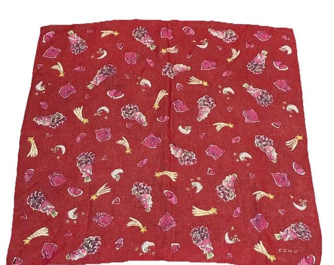 Echo Silk Scarf Square Cherry Red Hearts Floral Bouquet Novelty Print 21”