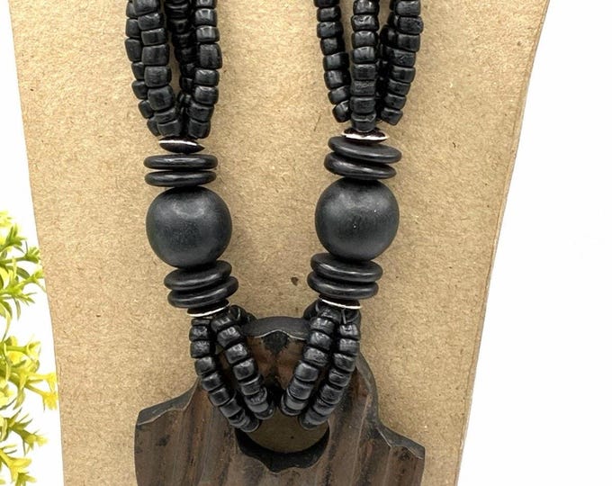 Vintage Black Wood Bead Necklace 22” Multi Strand Carved Pendant Statement